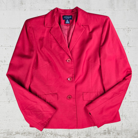 90s Vintage Ann Taylor Red Silk Single Breasted Crop Blazer Jacket Size 6P - Picture 1 of 6